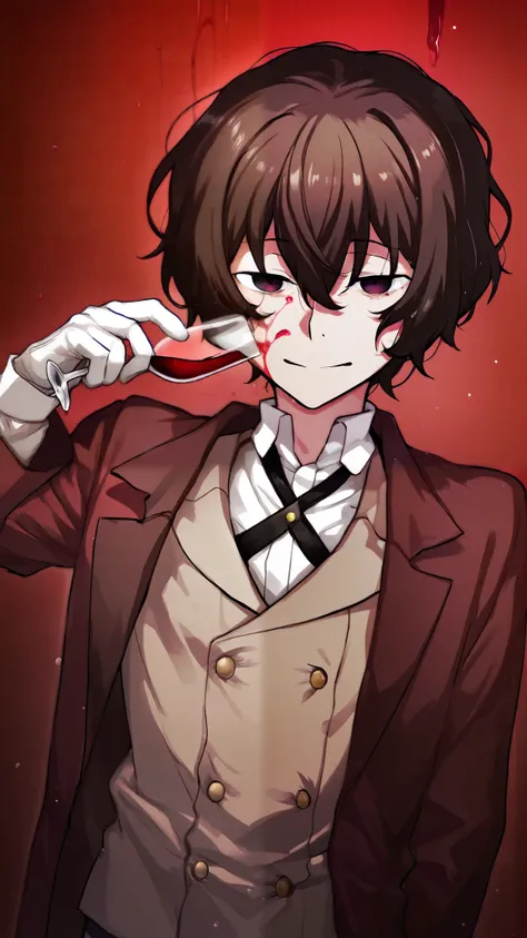 In a dimly lit setting, Dazai Osamu, from Bungou Stray Dogs, delicately swirls a glass of rich red wine, a joyful expression on his face