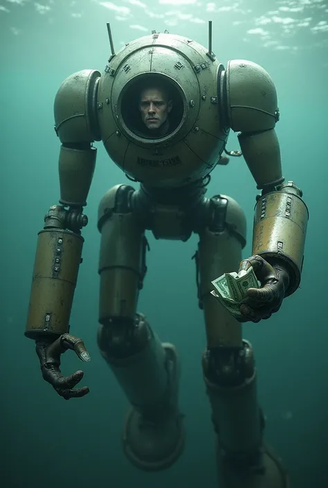 A mechanical suit descending into the sea with 3 dollars in its mechanical claw and a pale Brazilian man controlling it