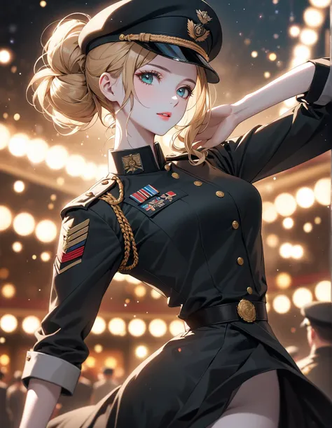 masterpiece, Highest quality, (alone focus), (Perfect Face:1.1), (High detail:1.1),dramatic, 1 female military officer (Pale skin), blonde hair, low chignon bun, asymmetric hair, teal eyes, wearing black military blouse, (black military outfit, peaked cap)...