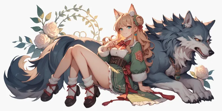 anime girl, wolf girl, cozy caffeteria background, full body