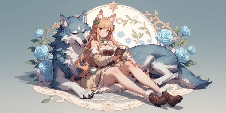 anime girl, wolf girl, cozy caffeteria background, full body