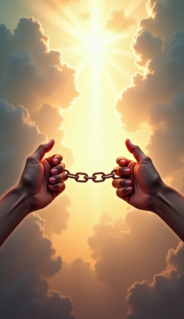 A contrast : two hands releasing a broken chain on a luminous background ,  symbolizing the power of forgiveness and the freedom it offers.(Bible story)
