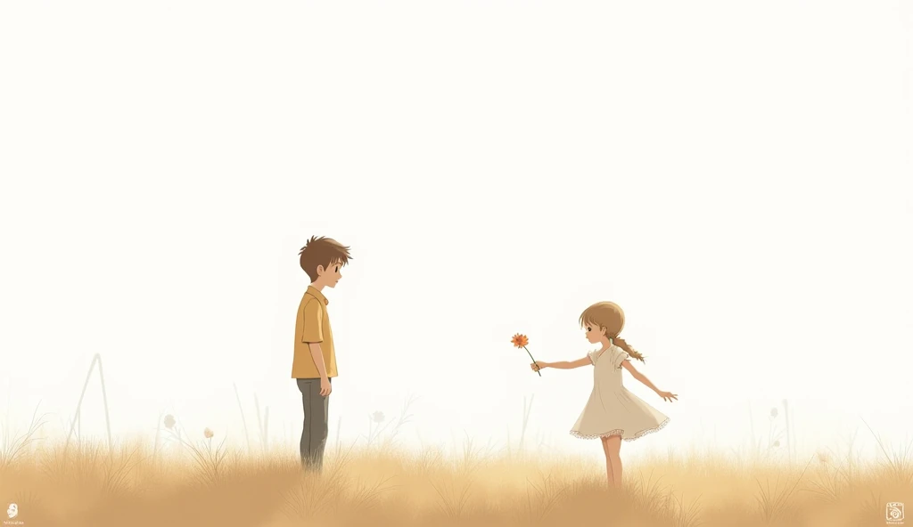 A boy looking girl from far holding flower romatic sketch standing in a field, plain background, savana background, simple background, wide establishing shot, field background, simple white background, minimalist background,background, random background sc...