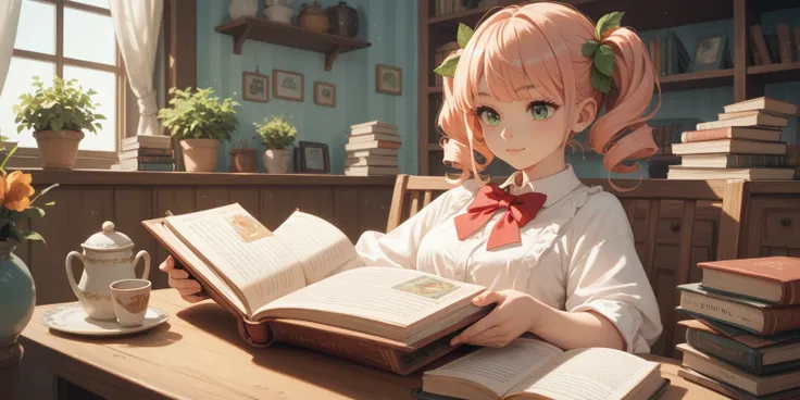 anime girl, cozy caffeteria background, full body, reading book