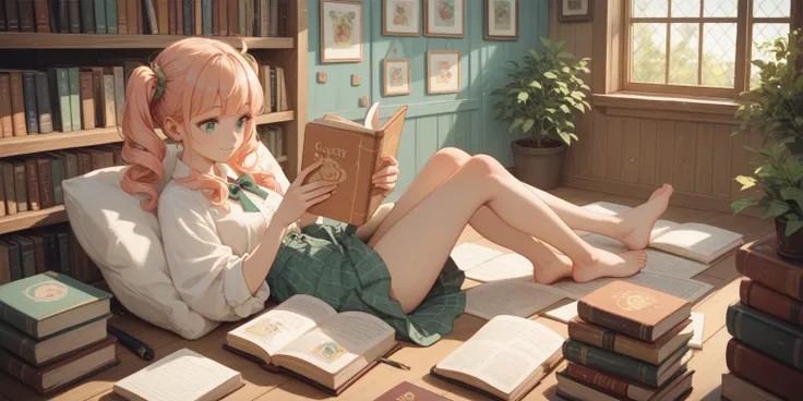 anime girl, cozy caffeteria background, full body, reading book