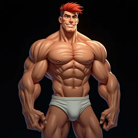 strong man, fair skin, green eyes, red hair, entire body, dressed with white underpants, black background, comic realistic animation style