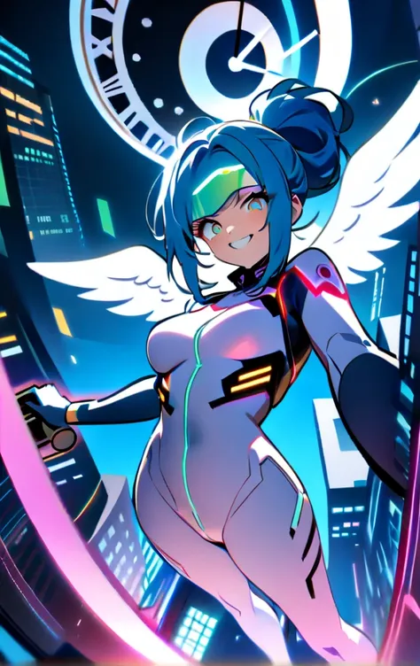 (((masterpiece, top quality ))),((( blue-haired girl wearing a cyberpunk-style bodysuit with an angel motif on a white base))),((( near future city))),((( flying through the sky while smiling and holding a ray gun ))),highlights hair,((Im wearing a futuris...