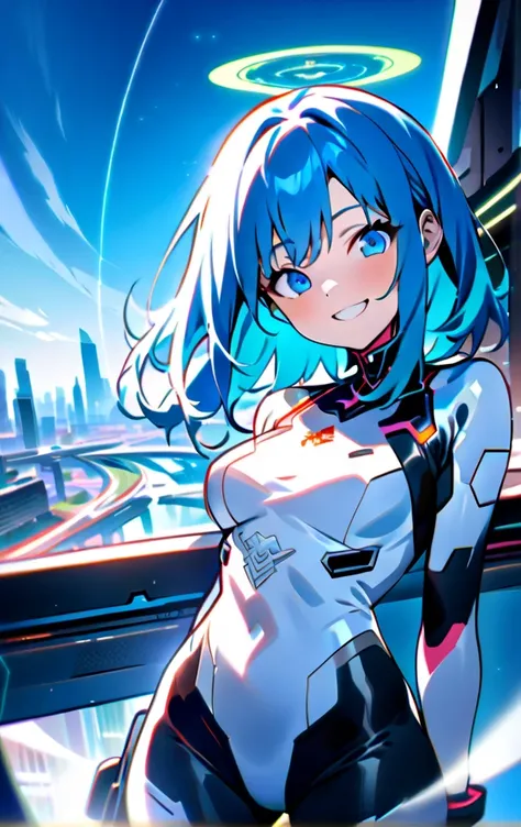 (((masterpiece, top quality ))),((( blue-haired girl wearing a cyberpunk-style bodysuit with an angel motif on a white base))),((( near future city))),((( flying through the sky while smiling and holding a ray gun ))),highlights hair,((Wearing futuristic g...