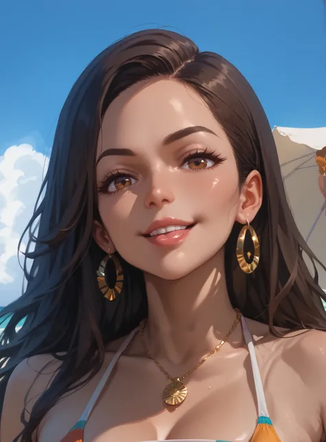 4 girls on the beach in bikinis, laughs, latina with brown eyes