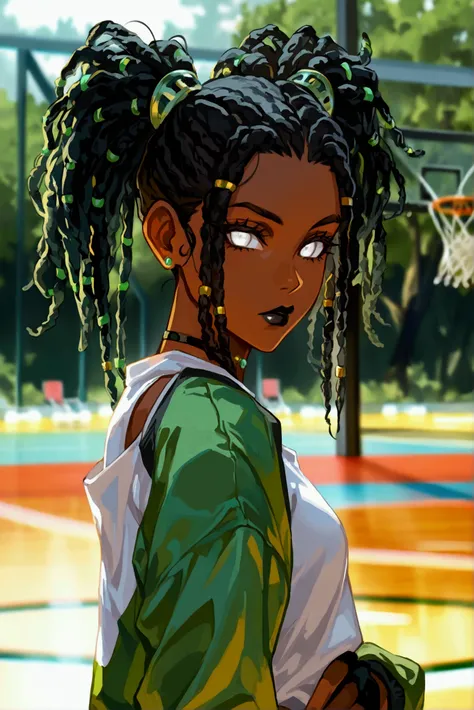 1Girl, Dark Skin, Jet Black Dreadlocks, Twintails, White Eyes, Dark Green Jacket, White Shirt, Black Gym Leggings, Jewelry, Black Lipstick, Looking At Viewer, Thinking, Posing, Solo, Basketball Court Background, Anime, High Resalution, Best Quality, From B...