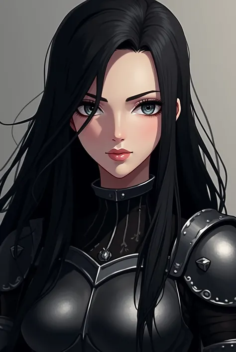 a female knight, she has upturned eyes, long black hair until her hips, wearing black steel armor facing front. skin is pale. her features sharp. portrait mode. animated style.