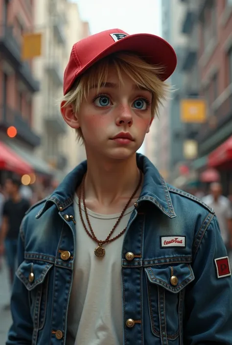  Create an American boy , As a teenager .  with traits such as : blonde,  blue eyes.  He has a red cap .