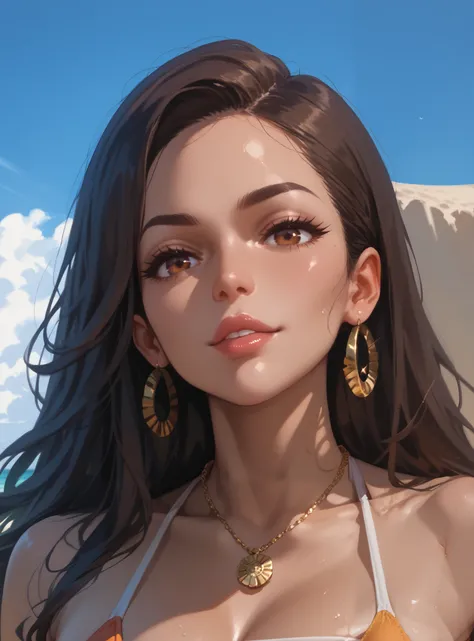 4 girls on the beach in bikinis, latina with brown eyes