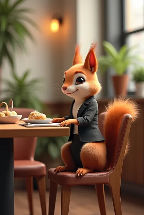 A modern female squirrel sitting on dining chair ready  to eat
