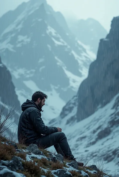 A man sitting on the valley of mountain with ice rain