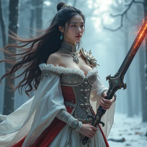 Most beautiful woman, hot and sexy body, background frost,  right holding a holy sword , lift holding dark sword, giving really cool pose, fantasy clothes, luxurious fantasy clothes, maid clothes, Armor clothes, royalty clothes, absently long hair, hair fl...