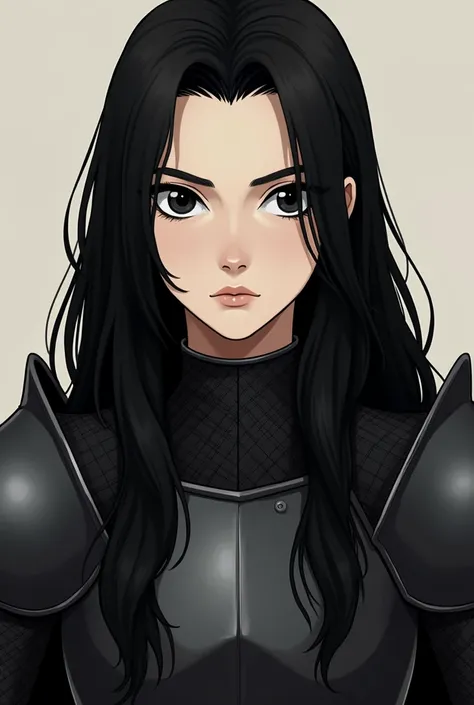 a female knight, face serious. she has black upturned eyes, long black hair until her hips, wearing black steel armor facing front. skin is pale. her features sharp. portrait mode. animated style. similar to the art style of the mage. age looks 20-25.