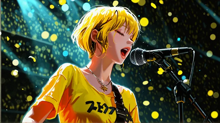 1girl, solo, anis ,/(nikke/), k-pop girl, short yellow hair, yellow short, black short pants, black boots, closed eyes, energetic, singing, microphone, stage, stage light, zentangle mandala wide angle lens fantastic realism luxury diffused lighting yellow