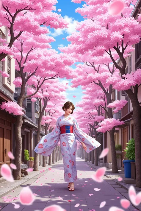 Several manga-style scenes, a beautiful Japanese woman in a kimono walking down the street full of beautiful trees full of sakura flowers