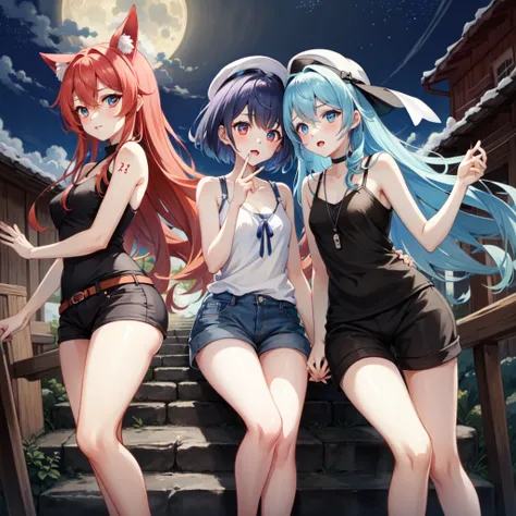 ２ girls with light makeup　 turning into vampires  red hairの red eyesの吸血鬼の女の子がBlue Hairの女の子と親密そうに腕を組む歩く　We love each other 　　　　　　　　　　　　　　　　　Red Hair Girl　  turning into vampires 　 red hair　 short bob 　 red eyes　 black camisole and black shorts 　 white skin　...