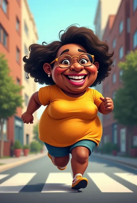 Caricature cartoon of a 56-year-old black lady with full lips curly hair at shoulder height round shape wears round glasses and smiles running down the street