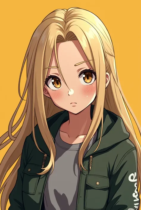  Create me a character in the anime style Boku No Hero , with long and smooth dark blonde hair ,  brown eyes , low body and a face with a serious and cool expression, wearing youth clothing in the 2000s style