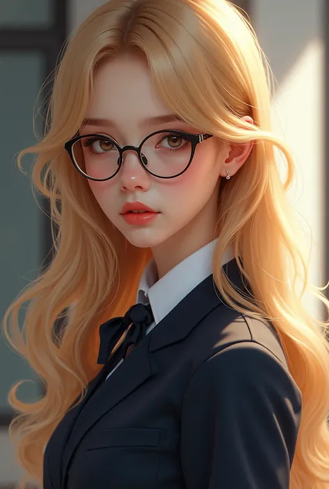 Arianna, a very beautiful girl with long, wavy blonde hair, smart glasses, wearing a Japanese school uniform