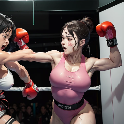 dynamic battle action, muscular and sixpack abs body, they are (((((striking each others body and face by hard punches in the very narrow glass box))))) so hard. two (((bloody)))) cute Japanese heavyweight high school student girl kickboxers are fighting i...