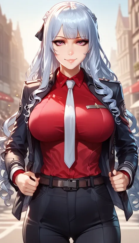 ultra-detailed, 1girl, solo, ((masterpiece)), (best quality), (highres), 16K, ak-12, ak-12 (girls frontline), grey hair, long hair, bangs, pale skin, straight hair, curly hair, braid, french braid, sidelocks, belt, black jacket, miniskirt, jacket, long sle...