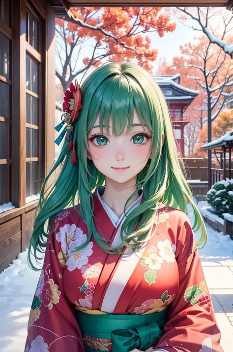 ( Best Quality , high res,8k,inelity detailed background, masterpieces at the front door of the house:1.2), beautiful girl,Big Breasts, glossy green hair, long hair, messy hair,Beautiful green eyes,  kimono, Furisode, haori, Gentle look,A refreshing look, ...