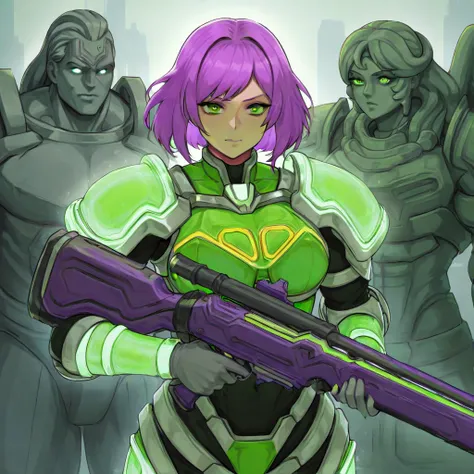 beautiful woman with short purple hair and green eyes, green futuristic armor with neon, large medieval shoulder pads green armor, holding a green futuristic rifle, imposing city with a giant statue of Superman made of marble behind her