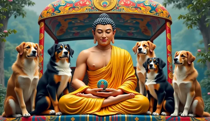 Generate and image of Buddha Where are dog sit in the bus of Buddha and the teacher lesson