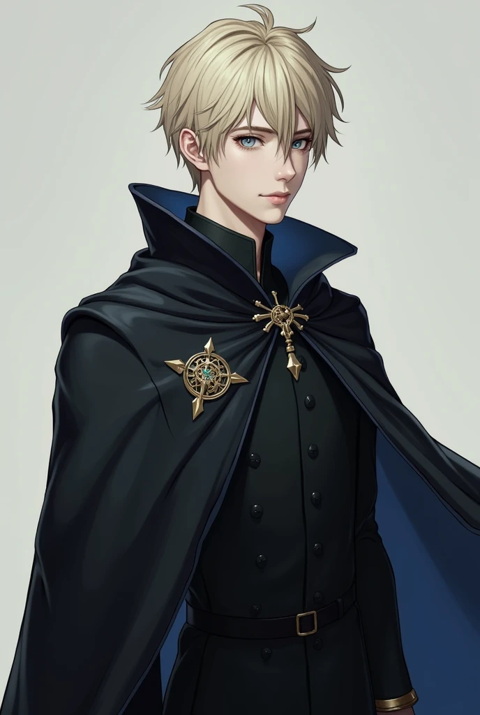 a male mage, facing front, silver eyes, light blond hair, wearing a dark cloak with a small sigil on the left. his features sharp. skin is white pale. age looks 20-25. he should not look too manly.