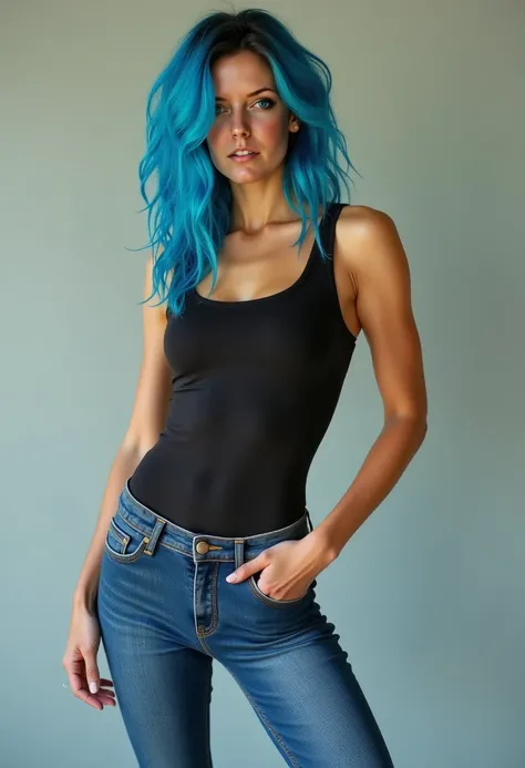 an extremely hot woman she is slim and works out . She has blue hair.  She makes a cool pose in front of the camera and she wears tight-fitting jeans and a tight top so that you can see her nipples