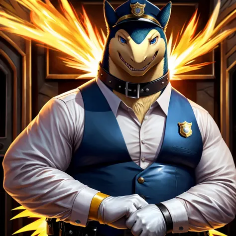 Solo, Male, close up, fat, extremely obese, gentleman, dapper Typhlosion, blue eyes, (soft shading), 4k, hi res, ((detailed face, detailed)), looking at viewer, evil grin, police station, collared shirt with buttons, hat, male focus, Police Uniform, glasse...