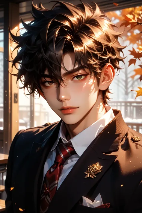 adult male, solo, sexy, broad shoulders, short hair, jet-black hair, messy hair, dark chocolate Brown eyes, (half closed eyes:1.0), detailed eyes, detailed face, (black, winter school uniform), looking at viewer, sensual pose, (autumn, maple, school class ...