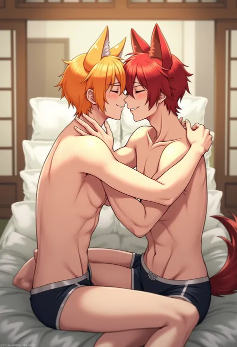 (cute male, 2 cat ears, smiling, orange hair, shirtless, white jockstrap, cute boy, , no shirt, collar), (red haired cute male, shirtless, 2 wolf ears, bulge, red jockstrap, , cute boy, collar), 2 men, laying on bed, hugging, japanese house, hugging, cuddl...