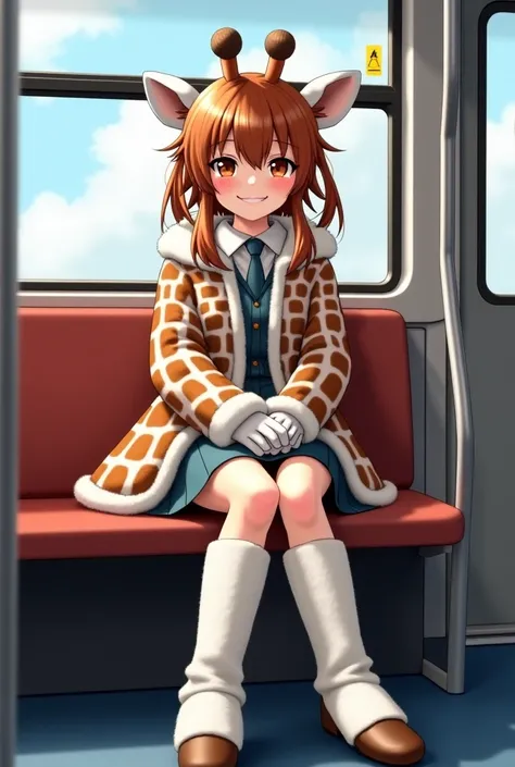 araffe sitting on a bus seat with her legs crossed, sat down in train aile, crossed legs, twintails white_gloves, furry legs, fur covered legs, けもの, dressed with long fluent clothes, in a subway, happy!!!, [ realistic photo ]!!, wearing kneesocks, japanese...