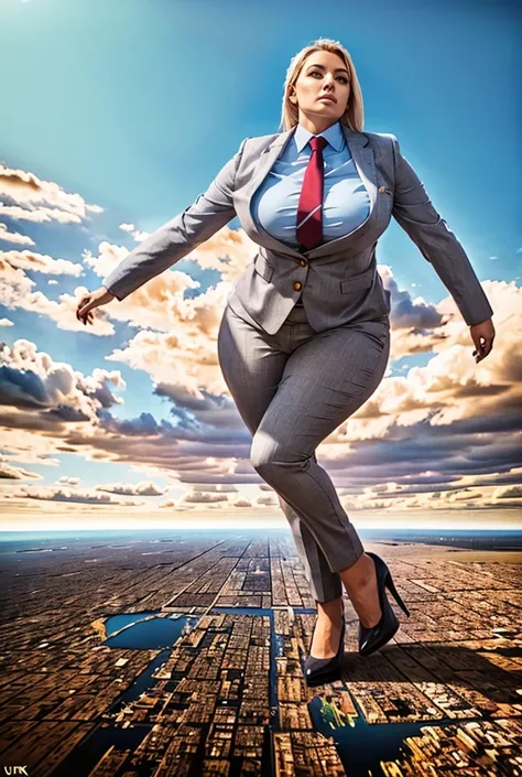 view from outer space of an approaching young giga giantess, Giantess art, 500 miles tall giga giantess, young sophisticated and stylish woman in a light grey italian trouser suit, form fitting crisp office shirt, and a large wide necktie in a windsor knot...