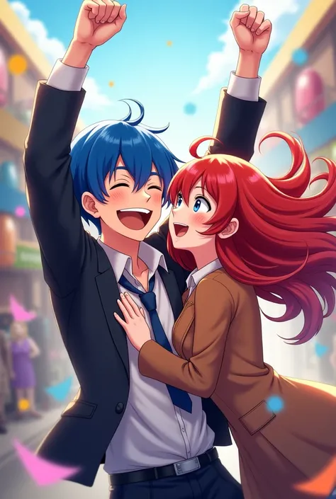 Blue-haired man celebrating a red-haired woman 