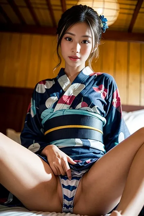 8k, RAW Portrait (Japanese women),masterpiece、Realistic:1.2、Realistic, Ultra-high resolution, Highest quality, Real Life Photos ,( in the evening :1.1),((Yukata:1.4))、
((((1 female:1.5))))、Japanese women,((Japan)),Slender body,In the hotel bedroom、On the b...