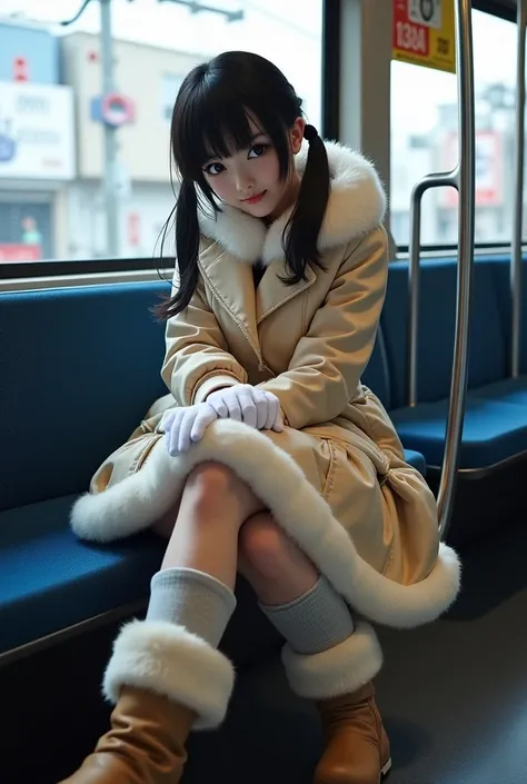 real woman black hair sitting on a bus seat with her legs crossed, sat down in train aile, crossed legs, twintails white_gloves, furry boots, dressed with long fluent clothes, in a subway, happy!!!, [ realistic photo ]!!, wearing kneesocks, japanese street...