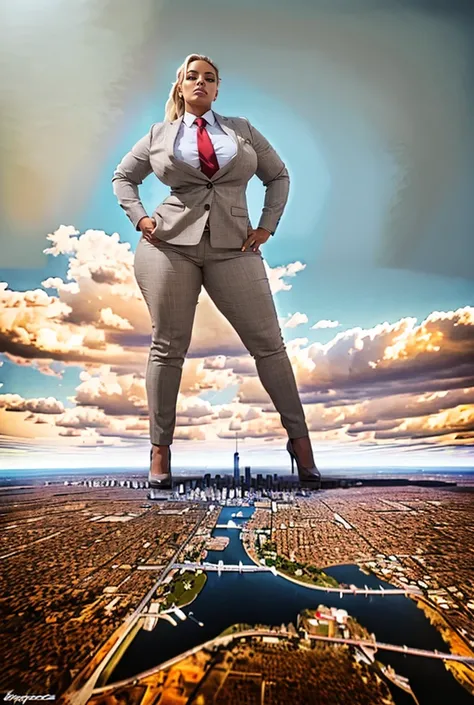 view from outer space of an approaching young giga giantess, Giantess art, 500 miles tall giga giantess, young sophisticated and stylish woman in a light grey italian trouser suit, form fitting crisp office shirt, and a large wide necktie in a windsor knot...