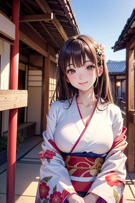 ( Best Quality , high res,8k,inelity detailed background, masterpieces at the front door of the house:1.2), beautiful girl,Big Breasts,Shiny brown hair, long hair, messy hair, Dominant Smile ,  kimono, Furisode, haori, Gentle look,A refreshing look, top qu...