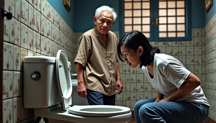 A hyper-realistic scene featuring a Vietnamese woman bent over a toilet, visibly unwell and vomiting. Behind her stands an elderly Vietnamese woman, dressed in a simple brown áo bà ba (traditional Vietnamese attire), with a stern and angry expression. The ...