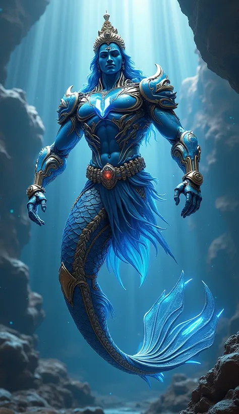 ((masterpiece, highest quality, Highest image quality, High resolution, photorealistic, Raw photo, Extremely detailed CG unified 8k wallpaper))
"Depict Lord Vishnu in Matsya Avatar, merging a Transformers-style robotic form with mermaid-like features, comb...