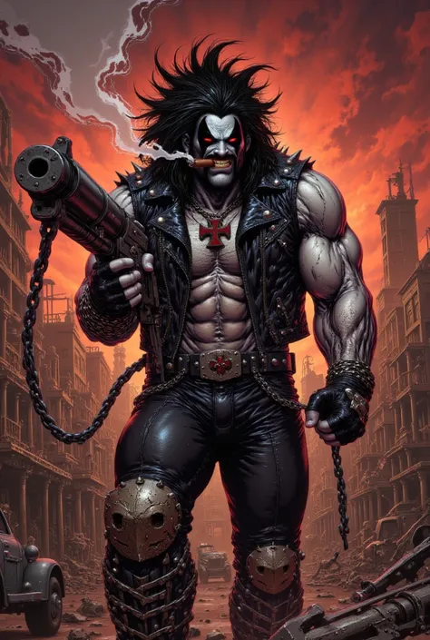 A gritty and intense portrait of Jason Momoa as Lobo from DC Comics, set in a post-apocalyptic wasteland. Lobo is standing confidently with his signature cigar in mouth, holding his massive shotgun, and wearing his iconic biker gear complete with a spiked ...