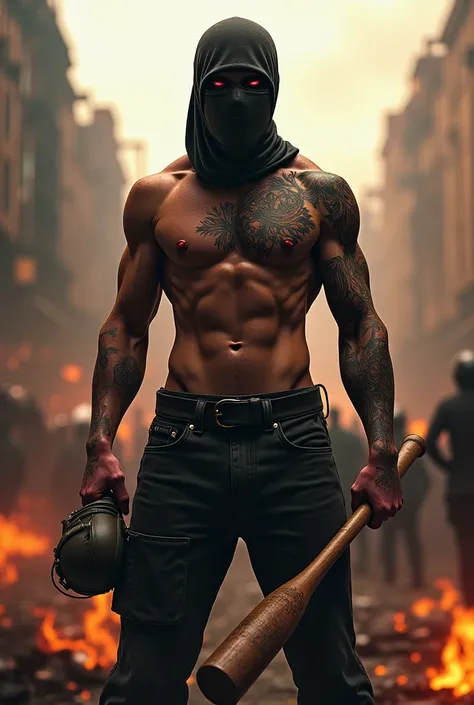 Make a riot character holding your mask in one hand and a baseball bat in the other with tattoos on both arms 