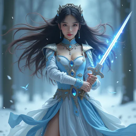 Most beautiful woman, hot and sexy body, background frost,  right holding a holy sword , lift holding dark sword, giving really cool pose, fantasy clothes, luxurious fantasy clothes, maid clothes, Armor clothes, royalty clothes, absently long hair, hair fl...