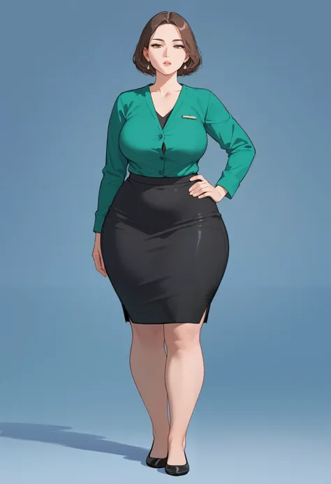 (score_9,score_8_up,score_7_up), short legs, 1lady, mature female,middle-aged woman, milf, adult woman, 60 years old, very short hair, exposed forehead, hair away from forehead, brown hair, big forehead, long bob hairstyle, green button up casual blouse, s...